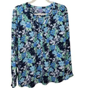 Laura Scott Blue Floral Long Sleeve Top Size XL